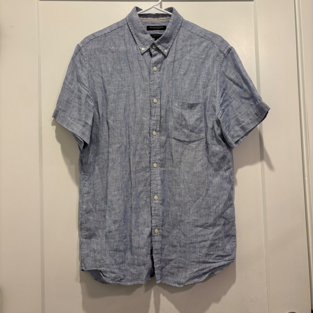 Banana Republic Camden Fit Linen Shirt Mens M Blue White Stripe Short Sleeve